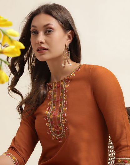 Rust Embroidery Cotton Straight Kurta With Pant