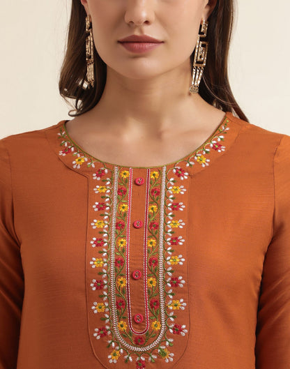 Rust Embroidery Cotton Straight Kurta With Pant