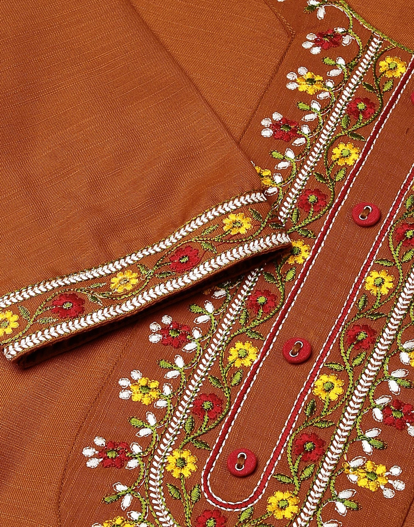 Rust Embroidery Cotton Straight Kurta With Pant