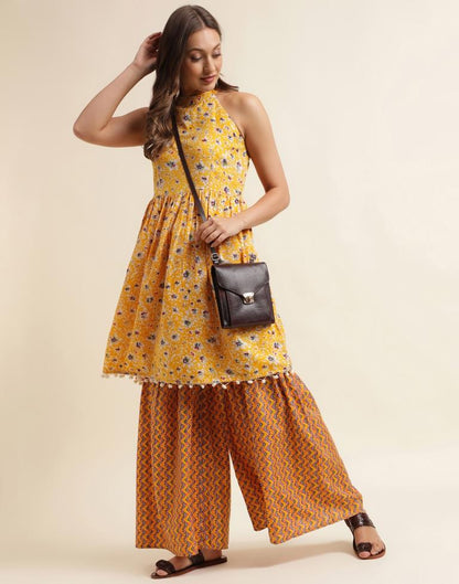 Yellow Printed Kurta With Sharara