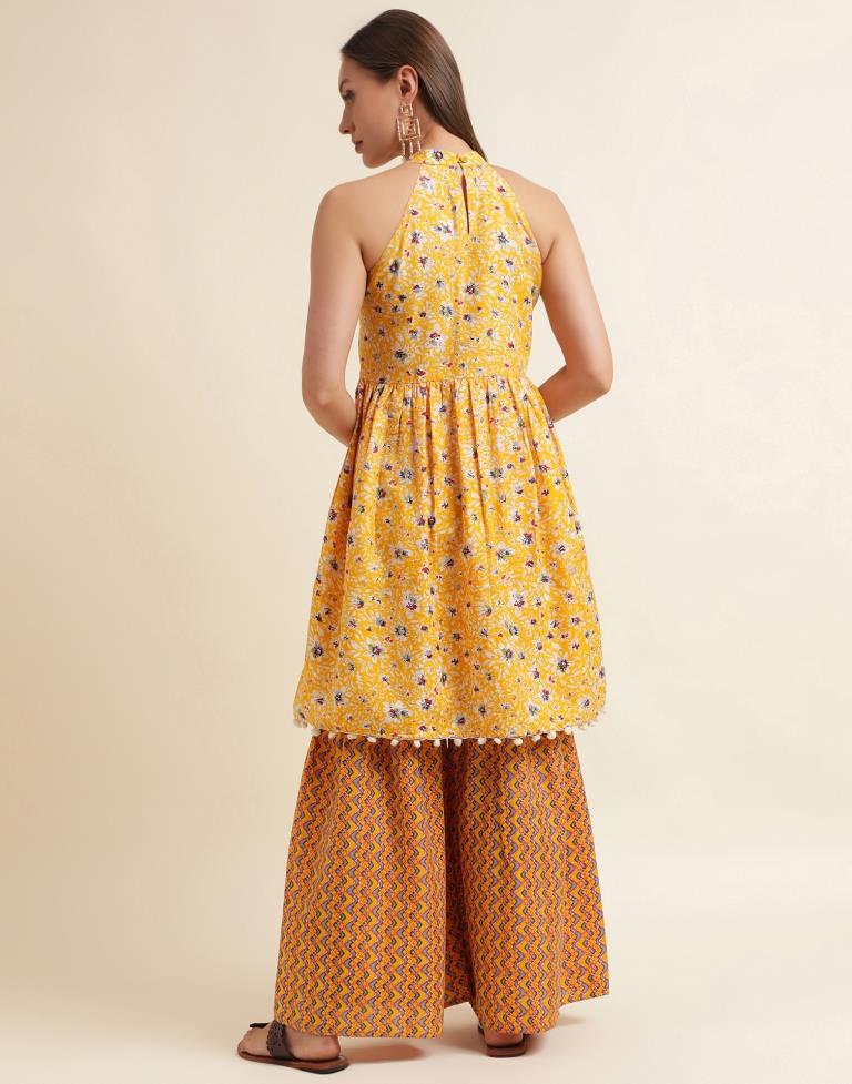 Yellow Printed Kurta With Sharara