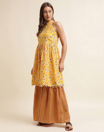 Yellow Printed Kurta With Sharara