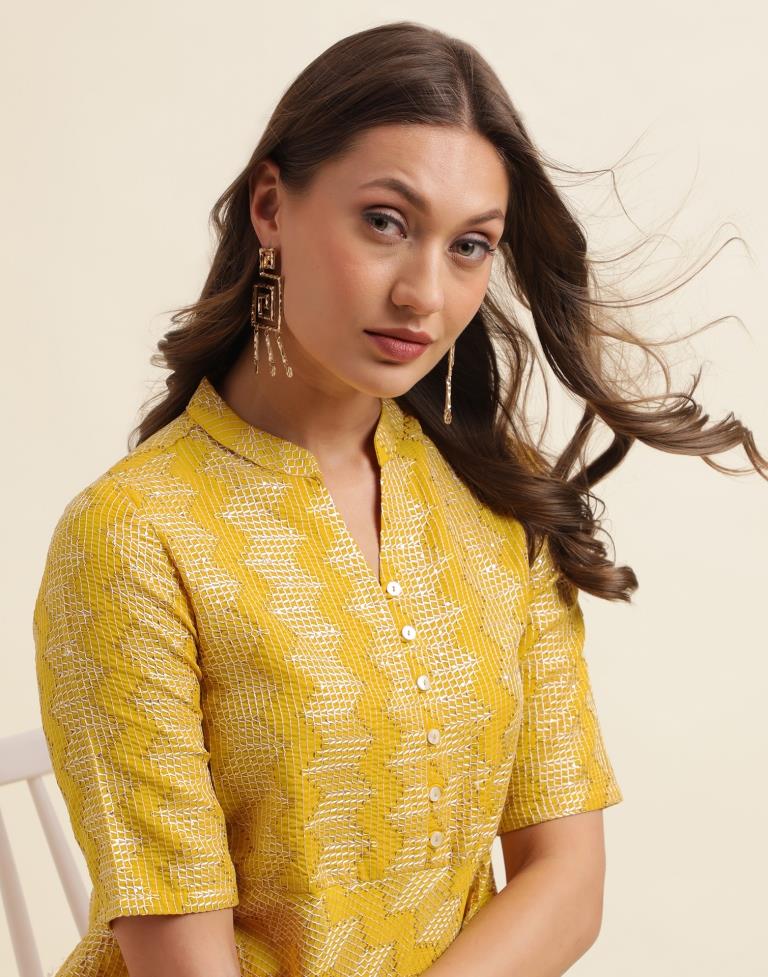 Yellow Plain Chinnon A-Line Kurta Set