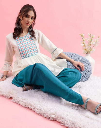 Off White Embroidery Silk A-line Kurta Kurta With Pant