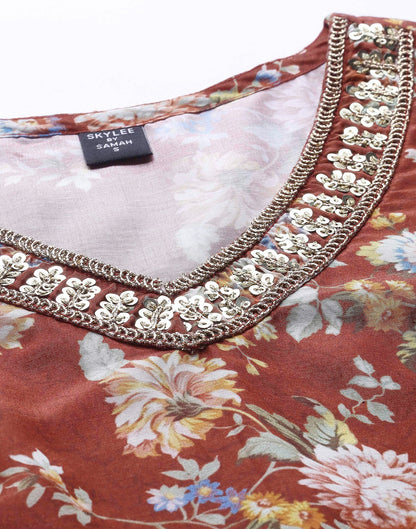 Brown Printed Kurti With Pant And Dupatta | Leemboodi