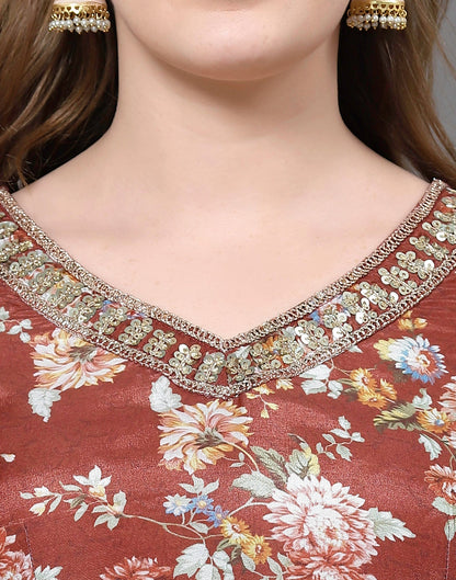 Brown Printed Kurti With Pant And Dupatta | Leemboodi