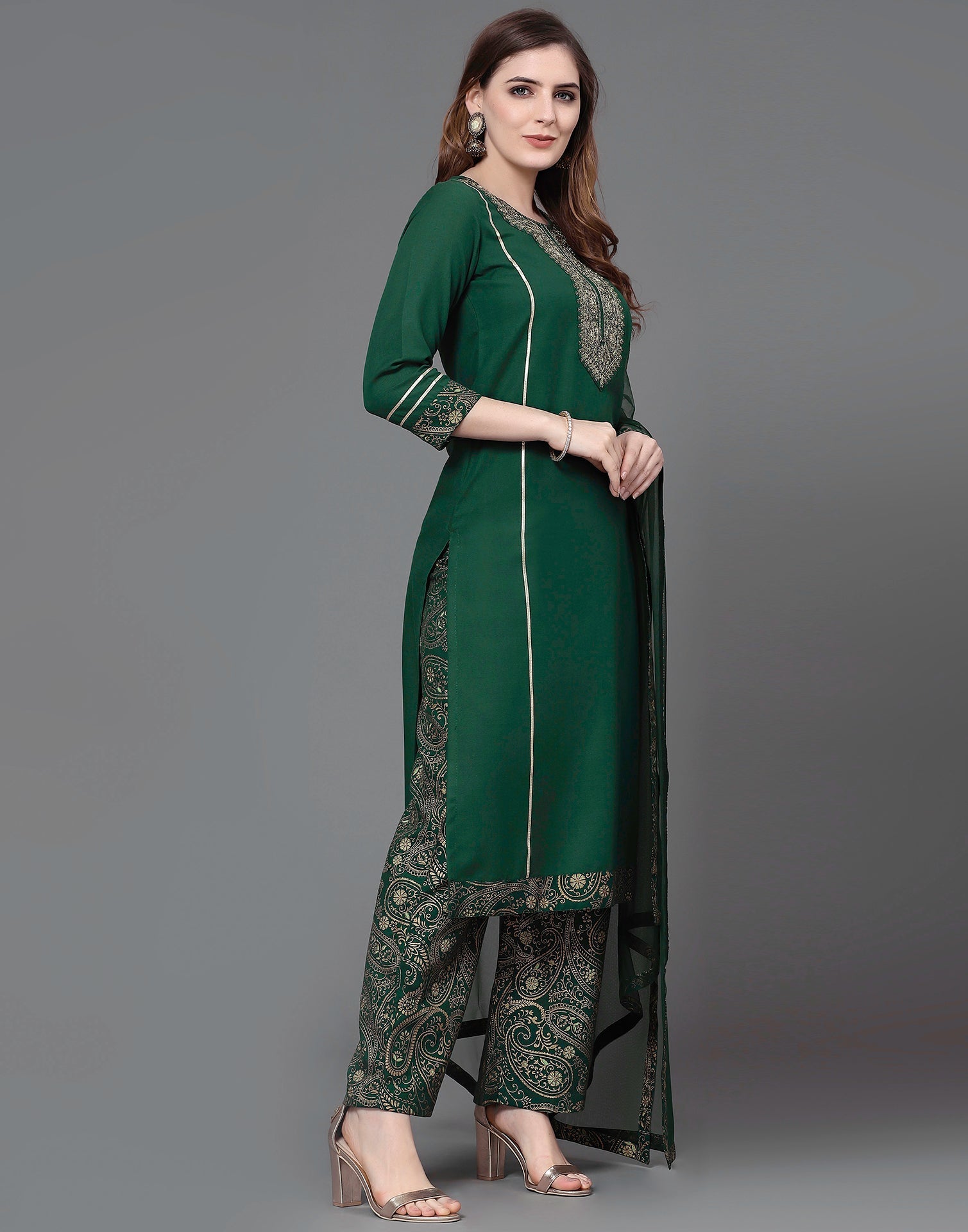 Green Embroidery Kurti With Pant And Dupatta | Leemboodi