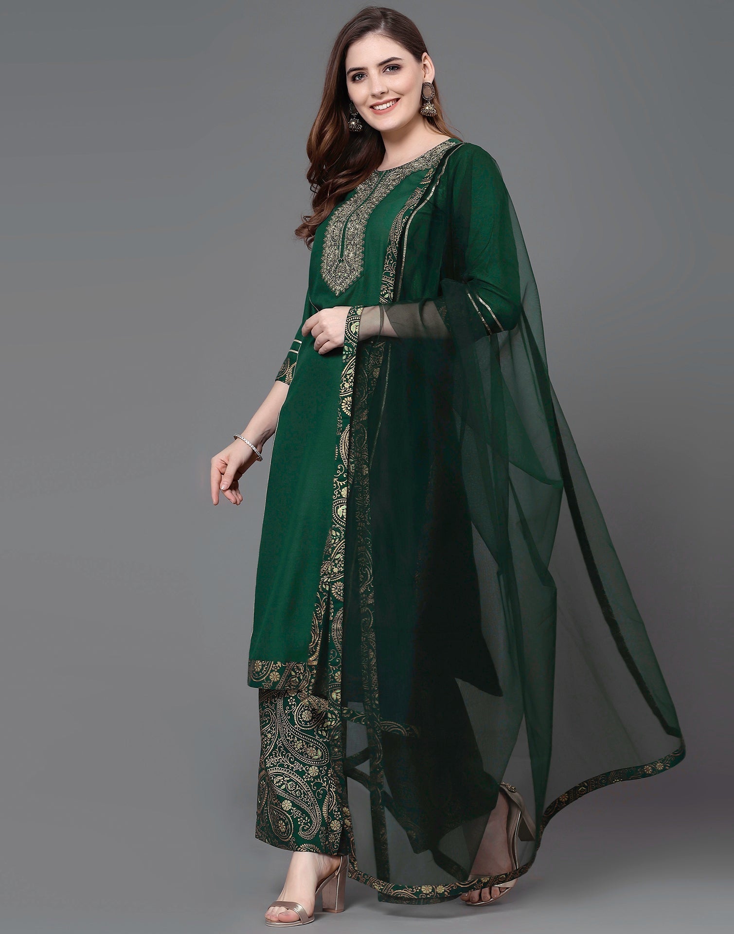 Green Embroidery Kurti With Pant And Dupatta | Leemboodi