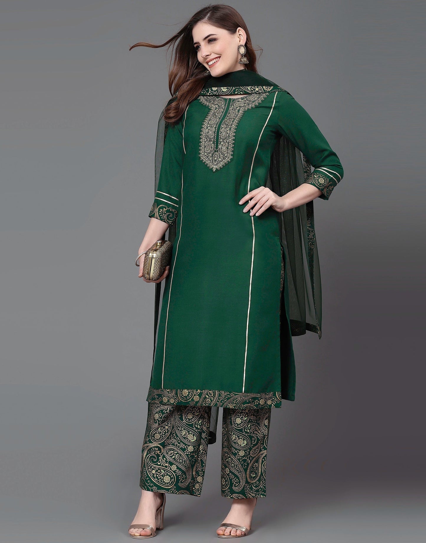 Green Embroidery Kurti With Pant And Dupatta | Leemboodi