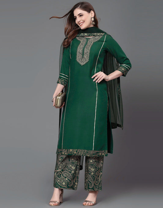 Green Embroidery Kurti With Pant And Dupatta | Leemboodi