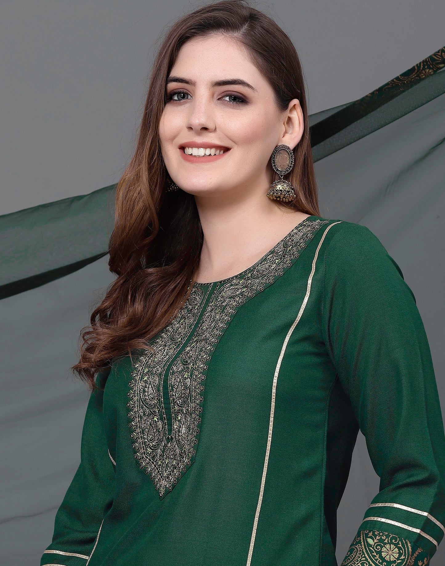 Green Embroidery Kurti With Pant And Dupatta | Leemboodi