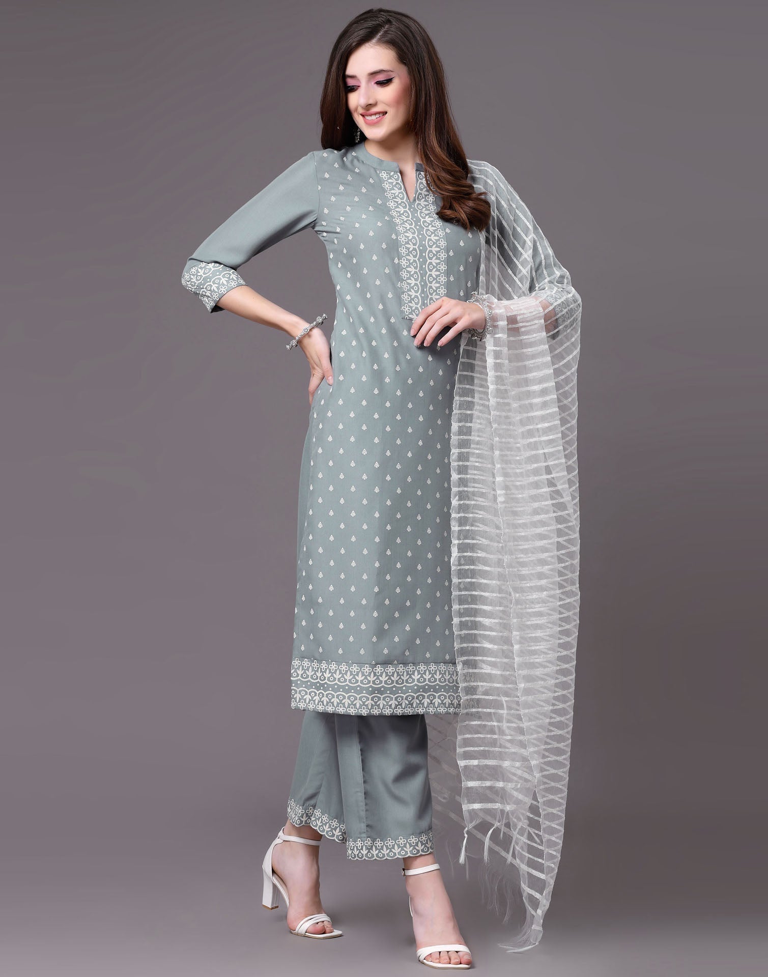 Grey Kurti With Pant And Dupatta | Sudathi