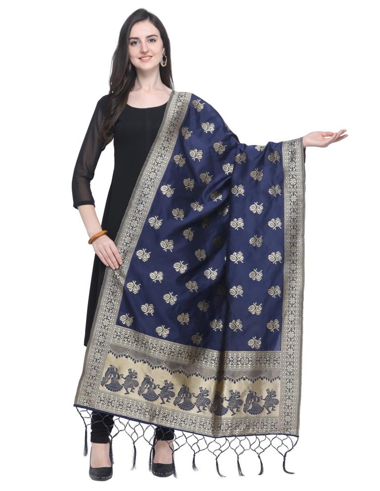 Talismanic Navy Blue Coloured Poly Silk Jacquard Banarasi Dupatta | Sudathi