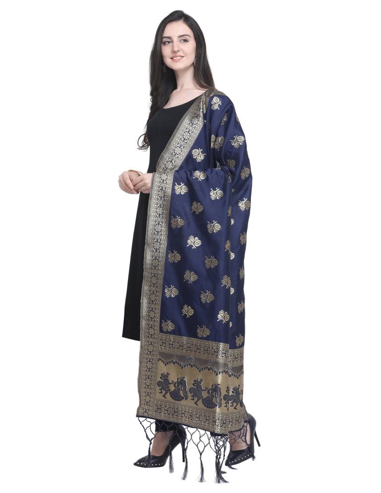 Talismanic Navy Blue Coloured Poly Silk Jacquard Banarasi Dupatta | Sudathi