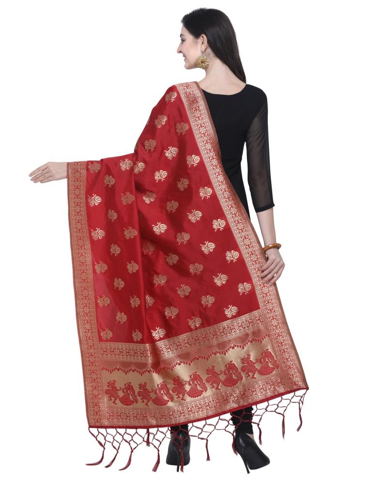 Epitome Red Coloured Poly Silk Jacquard Banarasi Dupatta | Sudathi