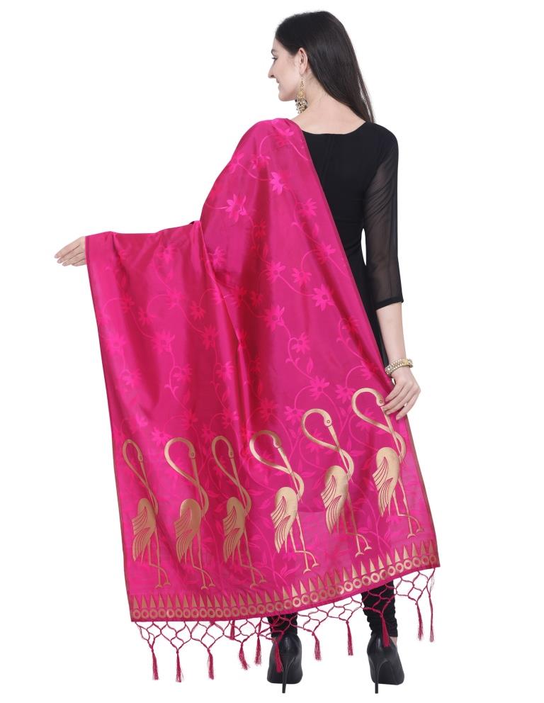 Sleek Pink Coloured Poly Silk Jacquard Banarasi Dupatta | Sudathi
