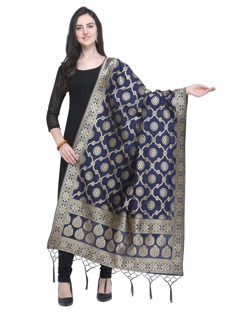 Standard Navy Blue Coloured Poly Silk Jacquard Banarasi Dupatta | Sudathi
