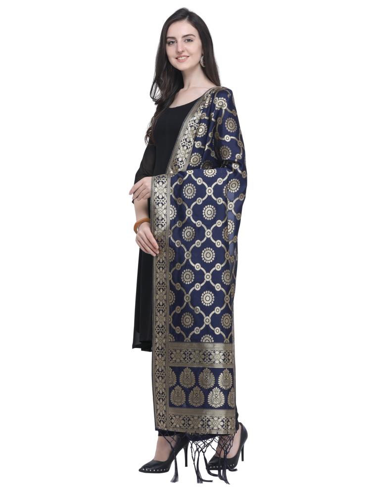 Standard Navy Blue Coloured Poly Silk Jacquard Banarasi Dupatta | Sudathi