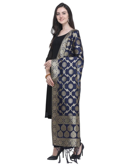 Standard Navy Blue Coloured Poly Silk Jacquard Banarasi Dupatta | Sudathi