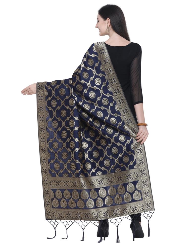 Standard Navy Blue Coloured Poly Silk Jacquard Banarasi Dupatta | Sudathi