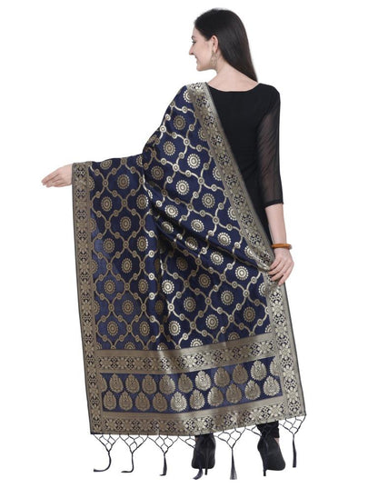 Standard Navy Blue Coloured Poly Silk Jacquard Banarasi Dupatta | Sudathi
