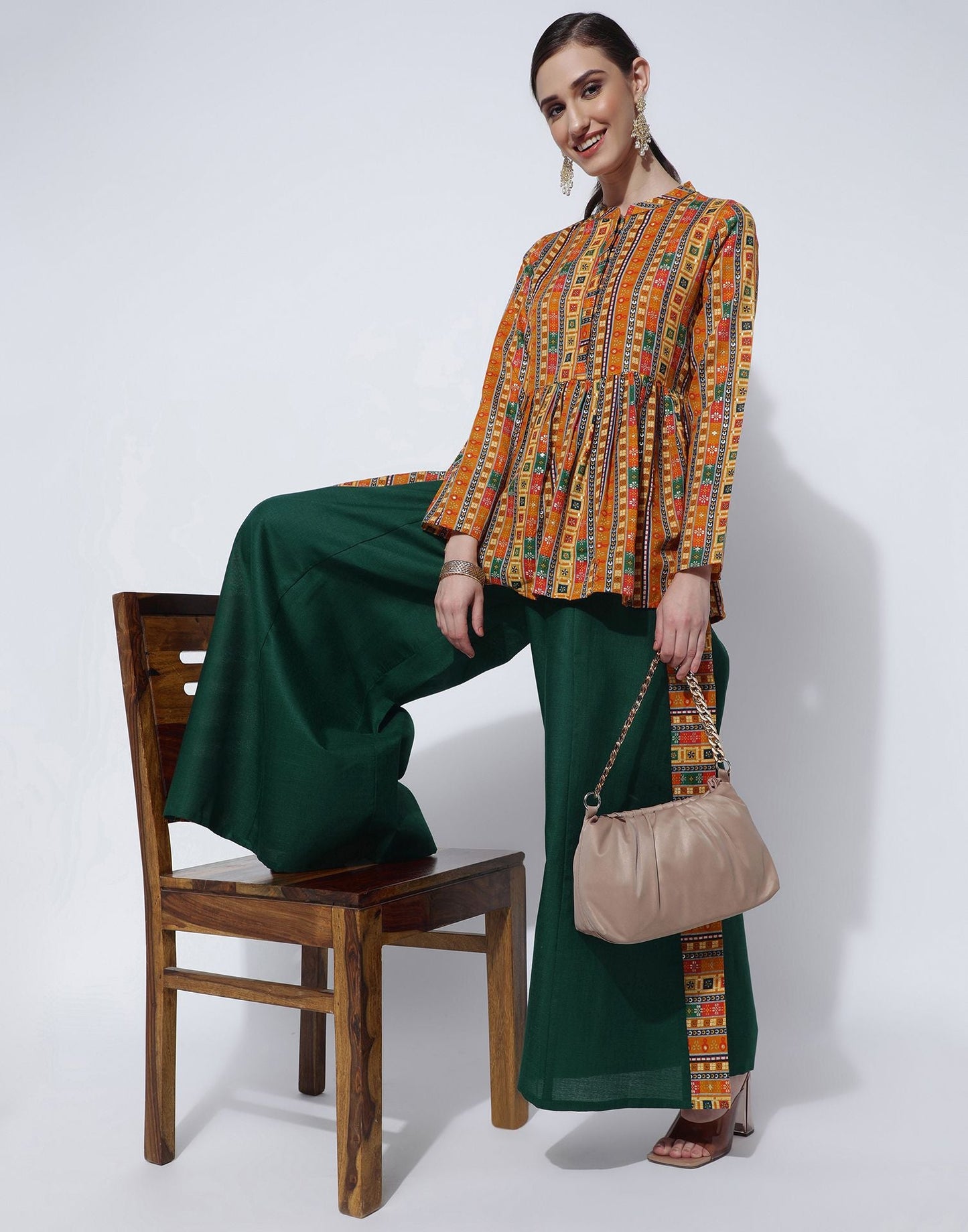 Mustard Printed Cotton A-Line Kurta With Pant