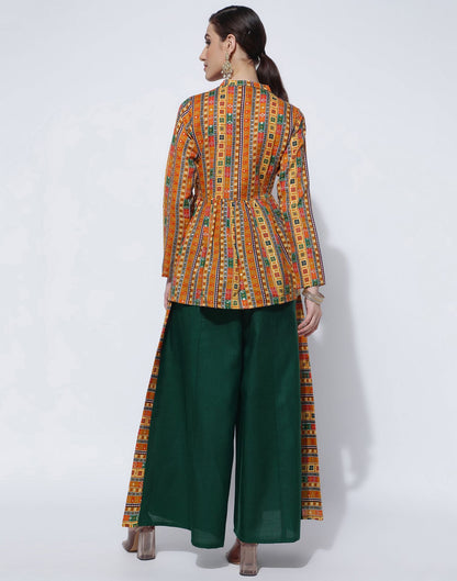 Mustard Printed Cotton A-Line Kurta With Pant