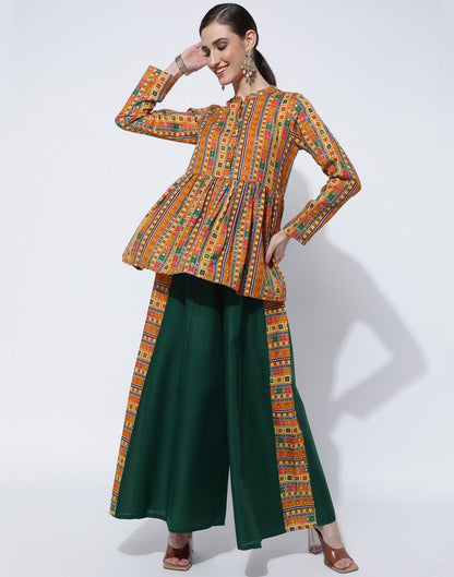 Mustard Printed Cotton A-Line Kurta With Pant