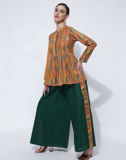 Mustard Printed Cotton A-Line Kurta With Pant