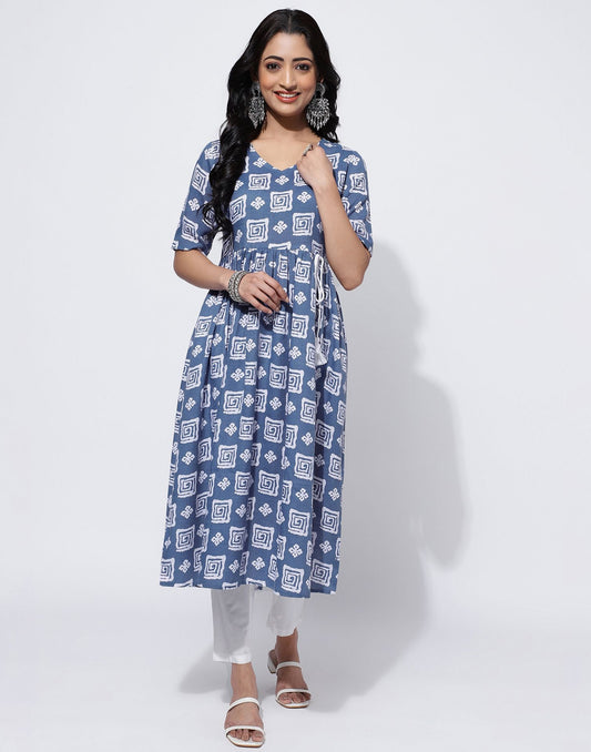 Light Blue Printed Cotton A-Line Kurta