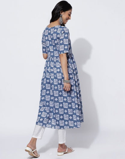 Light Blue Printed Cotton A-Line Kurta