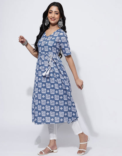 Light Blue Printed Cotton A-Line Kurta