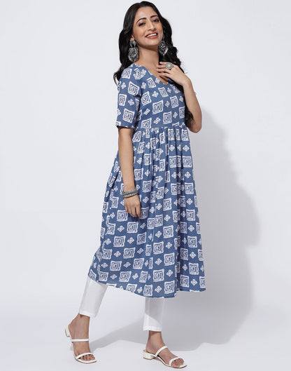 Light Blue Printed Cotton A-Line Kurta