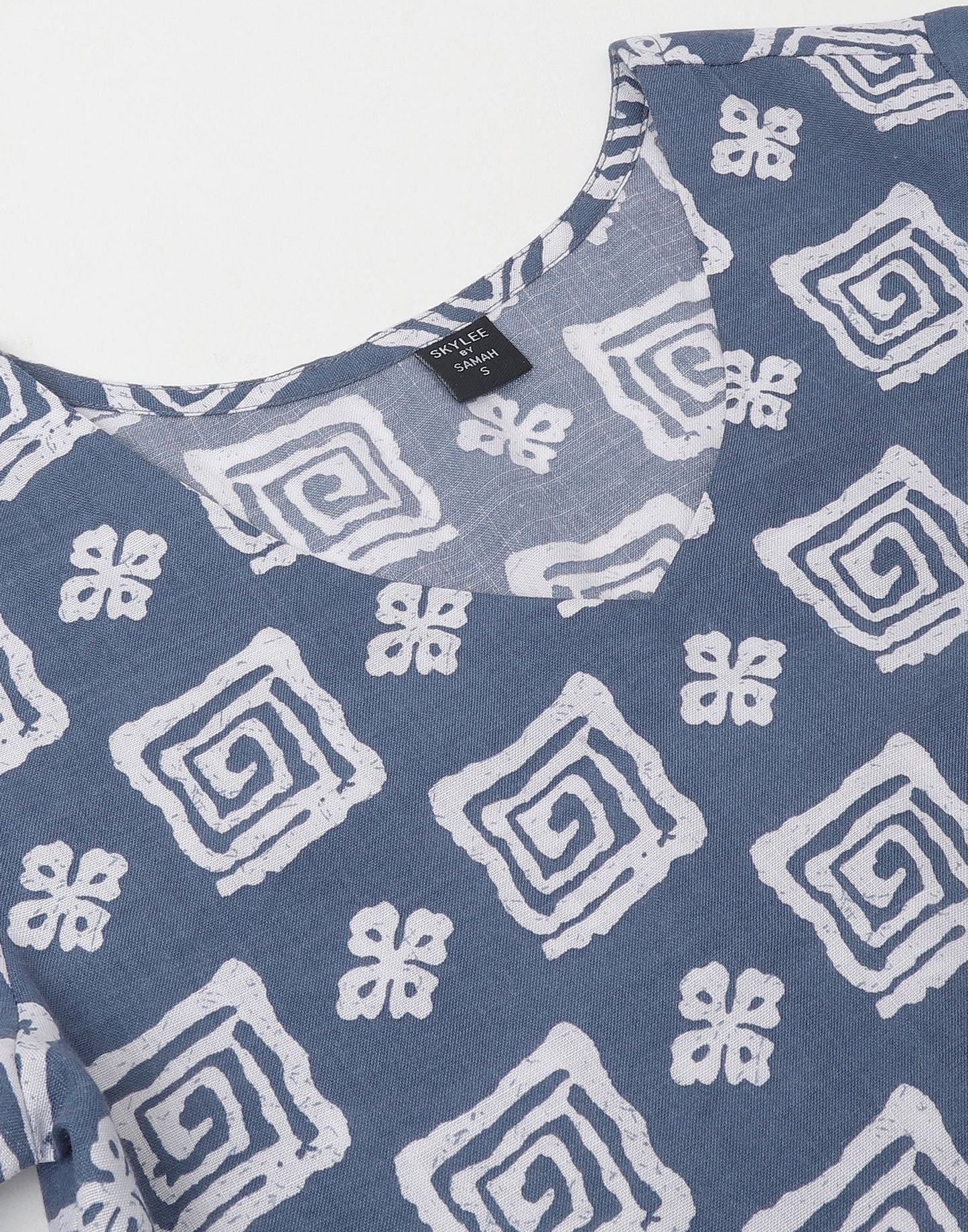 Light Blue Printed Cotton A-Line Kurta