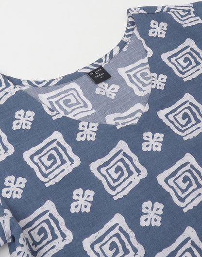 Light Blue Printed Cotton A-Line Kurta