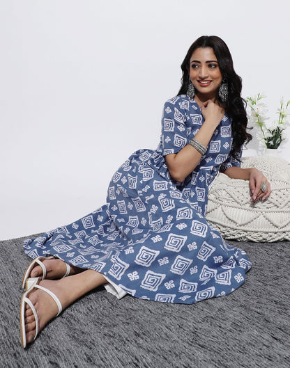 Light Blue Printed Cotton A-Line Kurta
