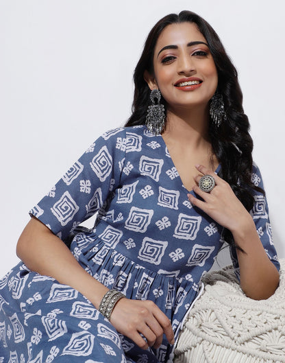 Light Blue Printed Cotton A-Line Kurta
