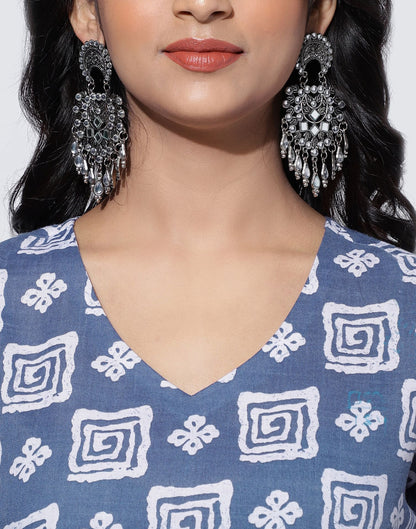 Light Blue Printed Cotton A-Line Kurta