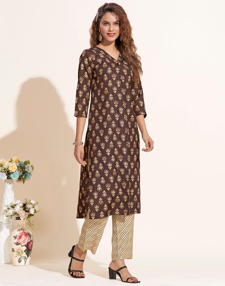 Brown Printed Cotton Kurta With Pant