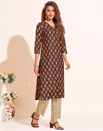 Brown Printed Cotton Kurta With Pant