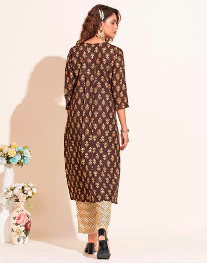 Brown Printed Cotton Kurta With Pant