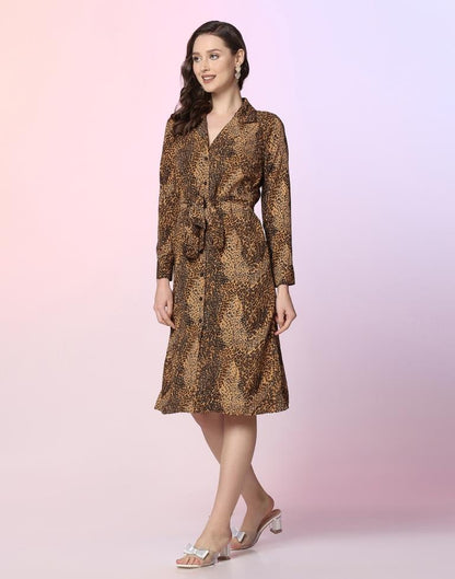 Brown Printed A-line Dress