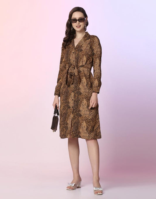 Brown Printed A-line Dress