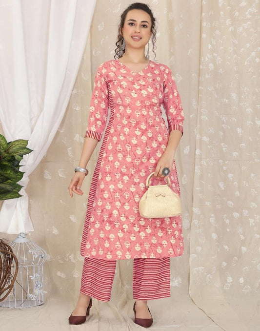 Peach Printed Cotton Straight Kurta With Pant