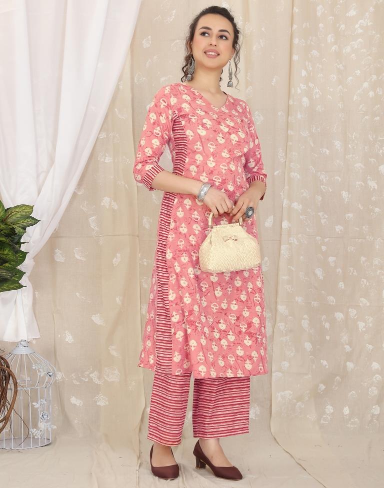 Peach Printed Cotton Straight Kurta With Pant