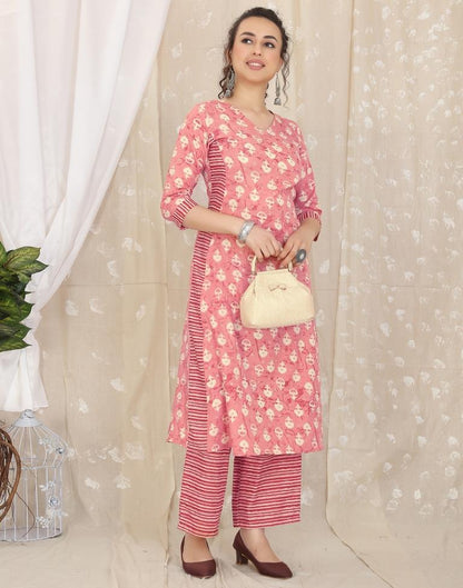 Peach Printed Cotton Straight Kurta With Pant