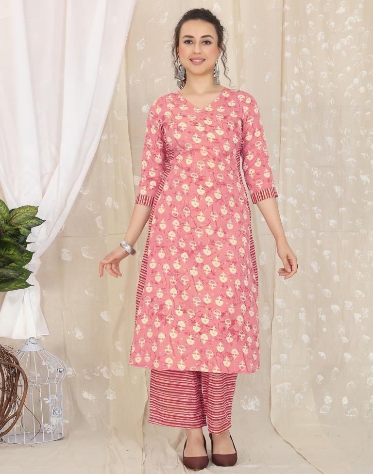 Peach Printed Cotton Straight Kurta With Pant