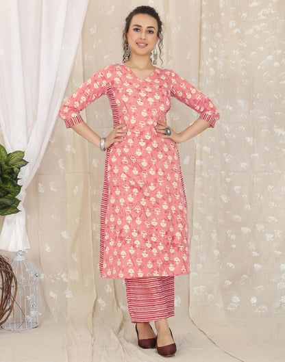 Peach Printed Cotton Straight Kurta With Pant