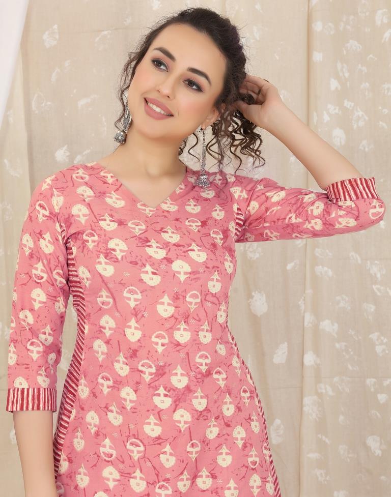 Peach Printed Cotton Straight Kurta With Pant