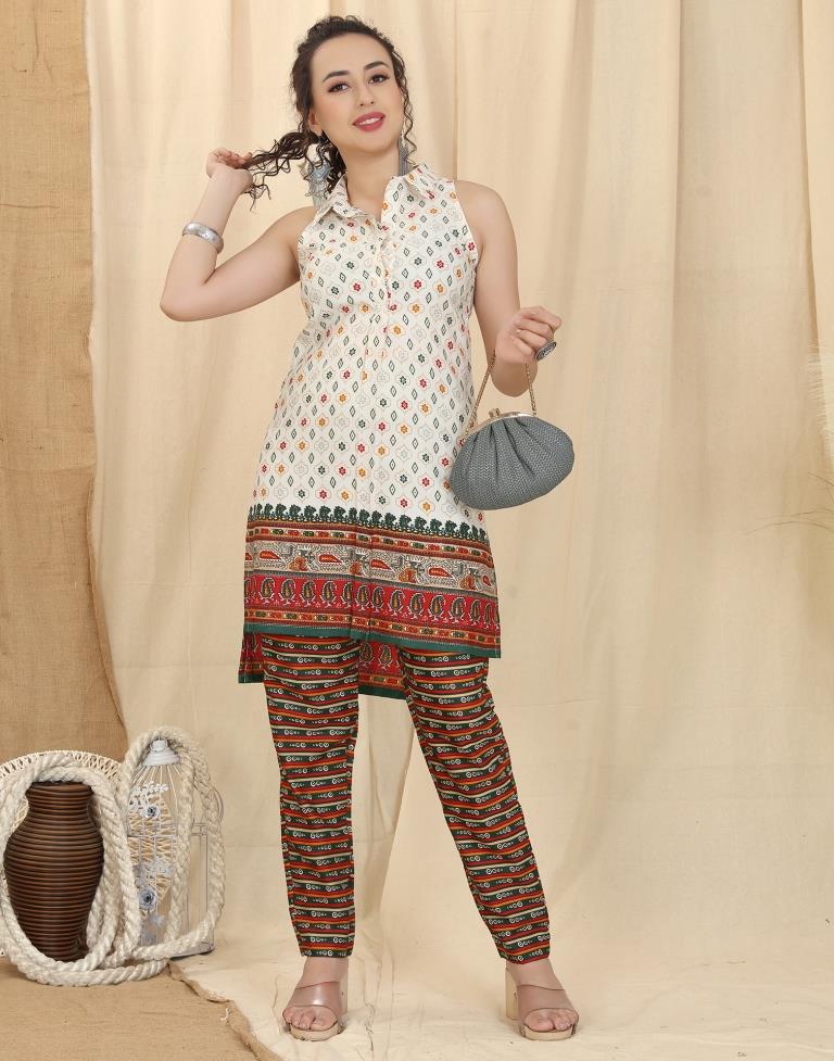 Off White Printed Kurta With Pant